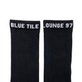 Load image into Gallery viewer, Blue Tile Lounge Sock Black - 2 Pack top of sock embroidery detail
