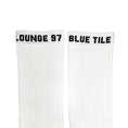 Load image into Gallery viewer, Blue Tile Lounge Sock White - 2 Pack top of sock embroidery
