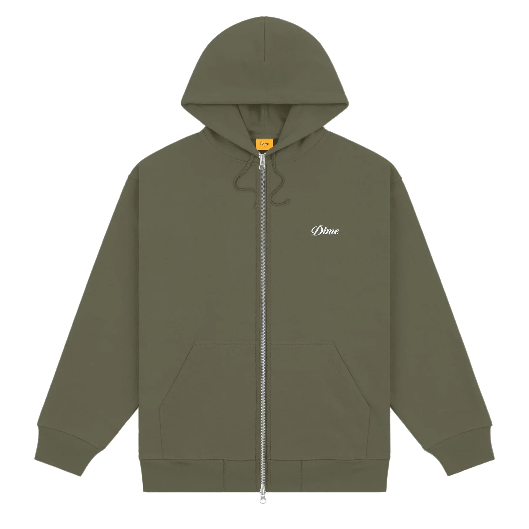 Dime Zip Up Hoodie Cursive Small Logo Army Green front view