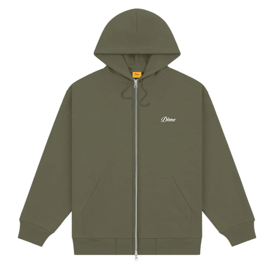 Dime Zip Up Hoodie Cursive Small Logo Army Green front view