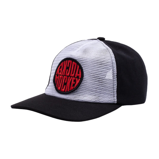 Hockey Snapback Hat Sewer Reverse Trucker Black front view