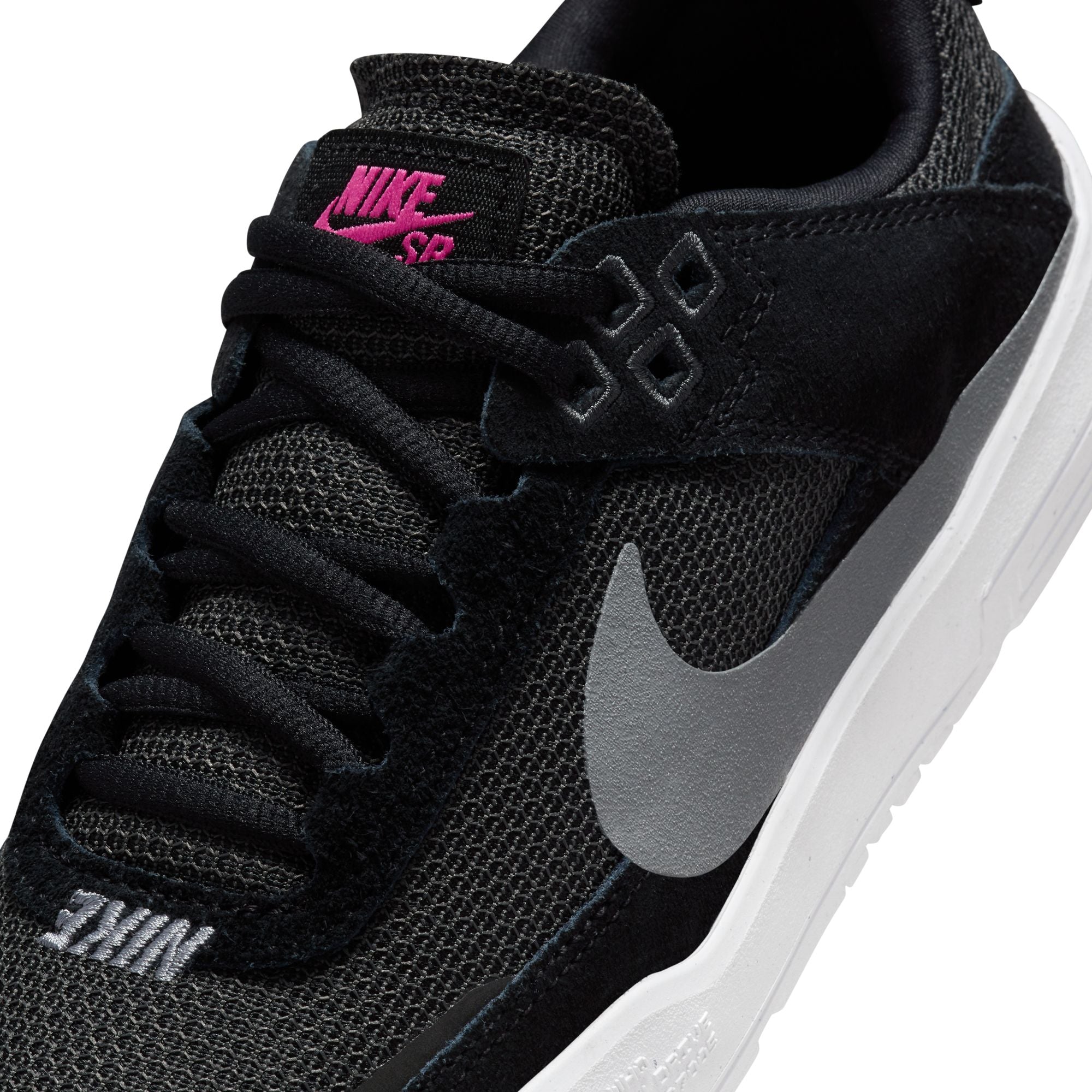 Nike SB Burnside Black/Cool Grey-Anthracite-Alchemy Pink swoosh close up